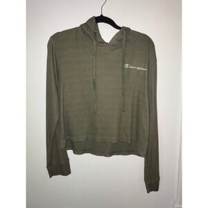Champion Hoodie Womens Sz L Olive Green Excellent Cropped Waffle Knit Sweatshirt